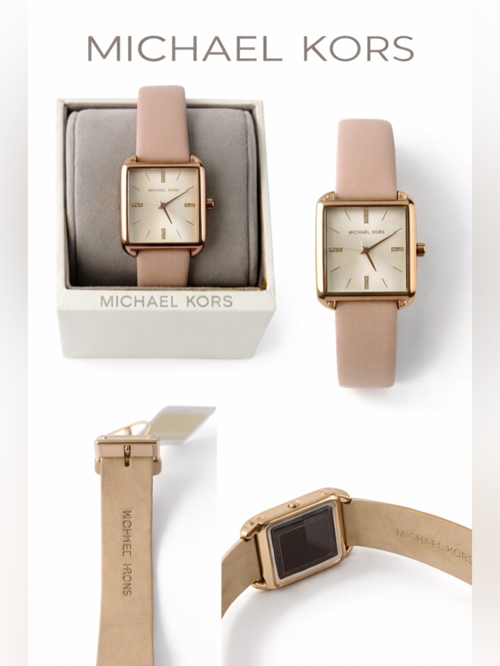 Michael Kors Rose Gold Square Case Watch with wraparound Blush Leather Strap